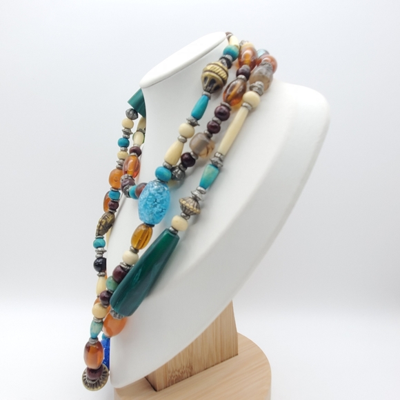 Multi Color Glass Beaded Necklace Single Strand Green Orange Metal 52" Long - Picture 2 of 5